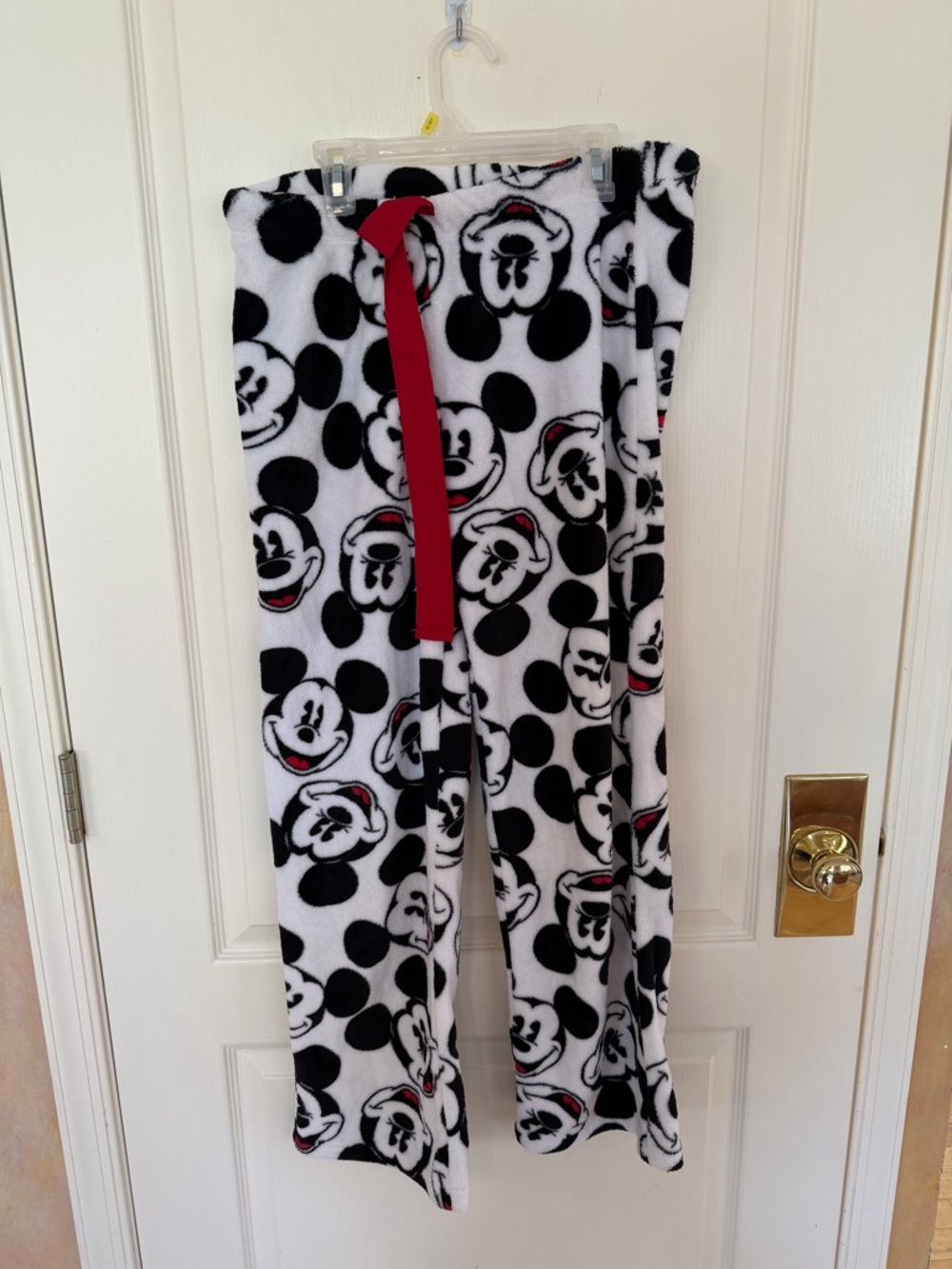 Black & White Mickey Mouse Fleece Pajama Pants with Red Drawstring